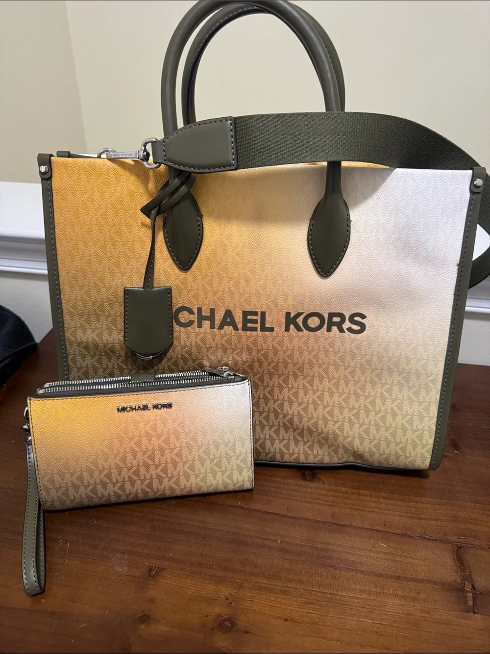 Michael Kors Gradient Olive and Gold Signature Tote with Matching Wristlet
